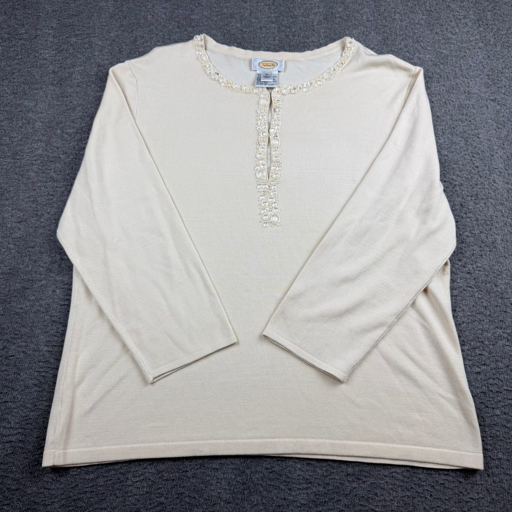 Talbots Women's XL Cream Silk Blend Beaded Sequin Split Neck 3/4 Sleeve Knit Top